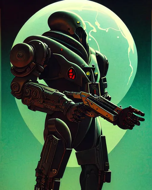 Image similar to reaper from overwatch, character portrait, portrait, close up, concept art, intricate details, highly detailed, vintage sci - fi poster, retro future, in the style of chris foss, rodger dean, moebius, michael whelan, and gustave dore