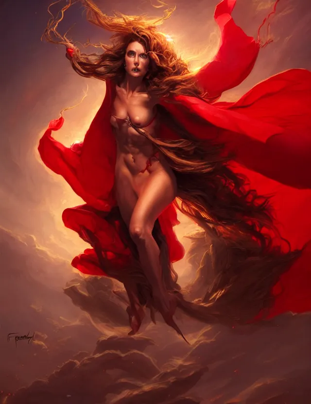 Image similar to a brown - haired woman with a red cape hovering in the air glowing with red light and crackling energy, by frank fazetta and peter mohrbacher, trending on artstation, digital art, 4 k resolution, detailed, high quality, sharp focus, hq artwork, coherent, insane detail, concept art, character concept, character full body portrait