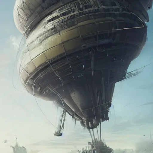 Prompt: airship by Greg Rutkowski and Maciej Kuciara, megastructure, trending on artstation, futuristic, sci-fi digital painting, highly detailed 4K, concept art, octane render