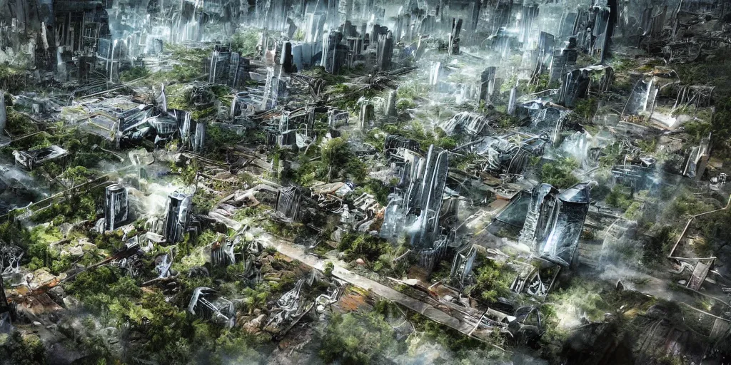 Image similar to future city attacked by forest, trees, plant, broken buildings, doom of the gods, monster, gravity mess, star trek, glory war, photograph