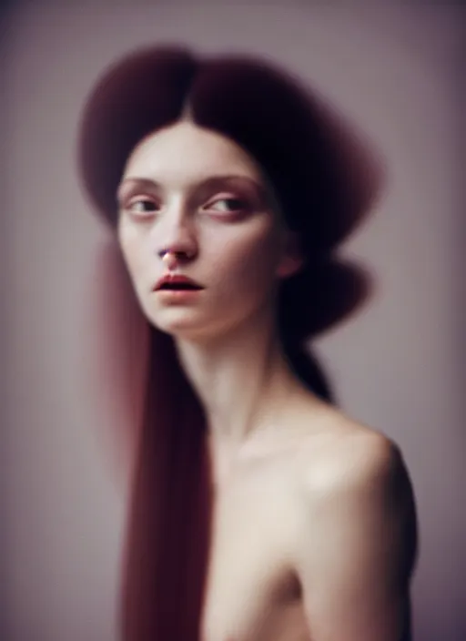 Image similar to kodak portra 4 0 0 photo portrait of a beautiful woman, sub surface scattering, hair baroque hair style, fineart in style of paolo roversi, 5 0 mm lens, sharp focus, head in focus, soft blur matt, volumetric lighting