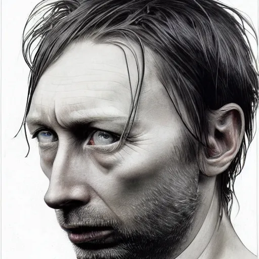 Prompt: hyper realistic portrait of cleanshaven thom yorke hairless, variations singer songwriter ok computer, ( side ) profile, liminal space, by lee bermejo, alphonse mucha and greg rutkowski, no beard, smooth face