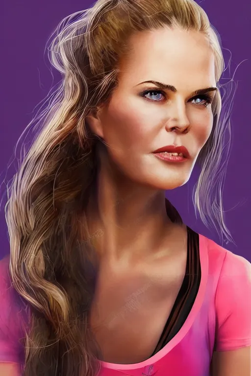 Image similar to portrait of a mix of beautiful young maria shriver, mariel hemmingway, brooke shields, nicole kidman and elle macpherson as an exercise gym girl, thin lips, hair tied up in a pony tail, colorful artstation, cgsociety