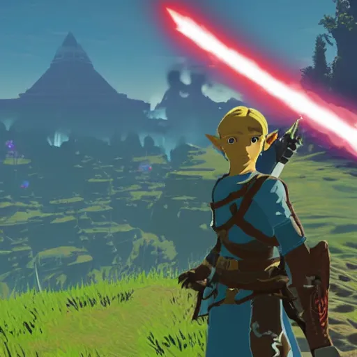 Image similar to a screencap of the legend of zelda breath of the wild, of darth vader in breath of the wild