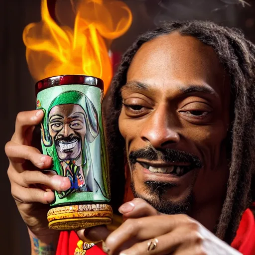 Prompt: a closeup photorealistic photograph of happy stoned blunt smoking snoop dogg at trader vic's bar holding up a trader vic's style tiki mug featuring snoop dogg's face. tiki culture. lit scene. 4 k hd image that's trending on artstation, featured on behance, well rendered, extra crisp, features epic composition and the style of unreal engine.