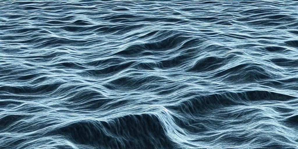 Image similar to “ side view of volumetric tsunami pattern, a displacement map of ocean waves extrudes the grid shapes radially the axis, a wide range of extrusion heights, translucency and opaqueness, volumetric lighting, ray tracing, octane render, blender 3 d, 8 k ”