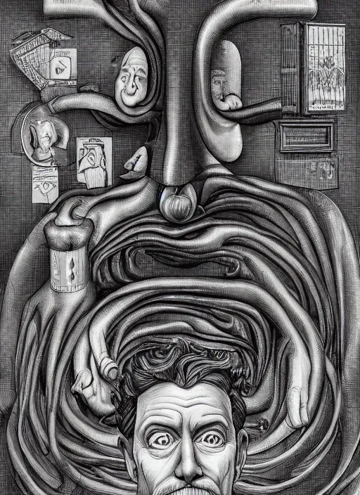 Image similar to a portrait of a school teacher, 🚿🗝📝, 8 k, lowbrow, in the style of mc escher and hr giger,