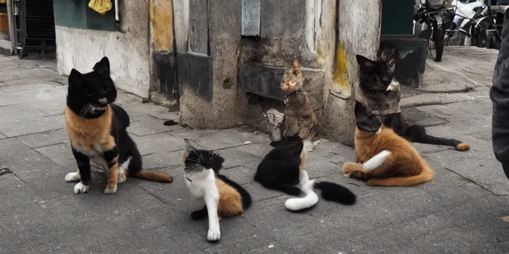 Prompt: photo evidence of a very serious joke being told by a single street cat to an opposing gang of street dogs