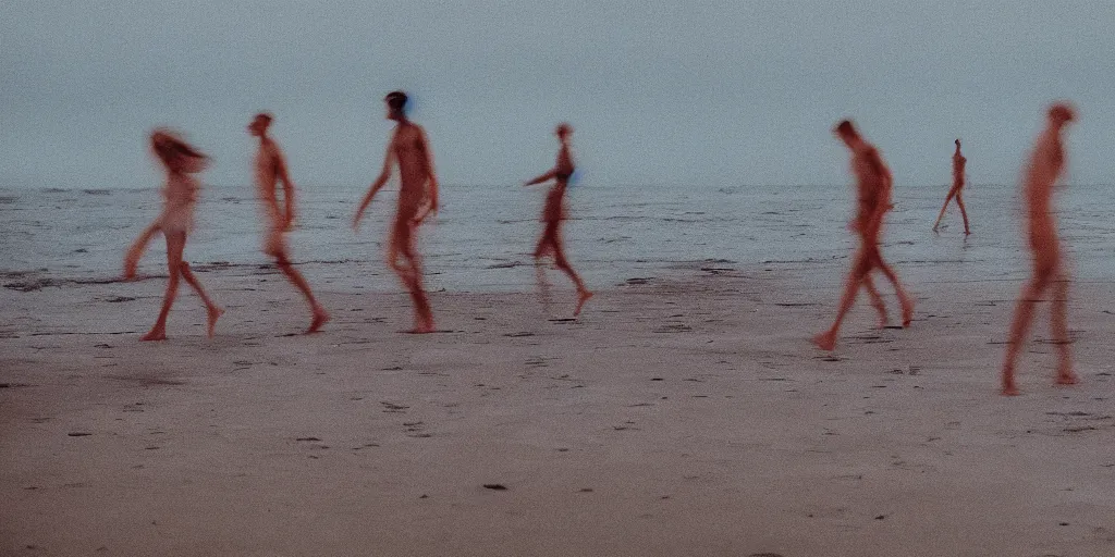 Image similar to blurry human figures on a beach, colourful, over exposure, sigma 8 5 mm, f 1. 8, photographed by uta barth,