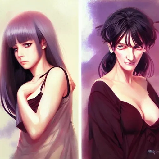 Prompt: jennifer connelly and uma thurman as a beautiful anime girls by wlop and greg rutkowski