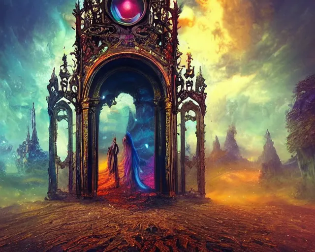 Prompt: magic portal gate, transparent background with a picture of the afterlife, ultra wide shot, lush colors, in the style of greg rutkowski and hans zatzka, digital art, sharp focus, highly realistic, exquisite ornate metal gothic icon heavy patina, delicate, enchanting, otherworldly, ethereal, mythology, mystical