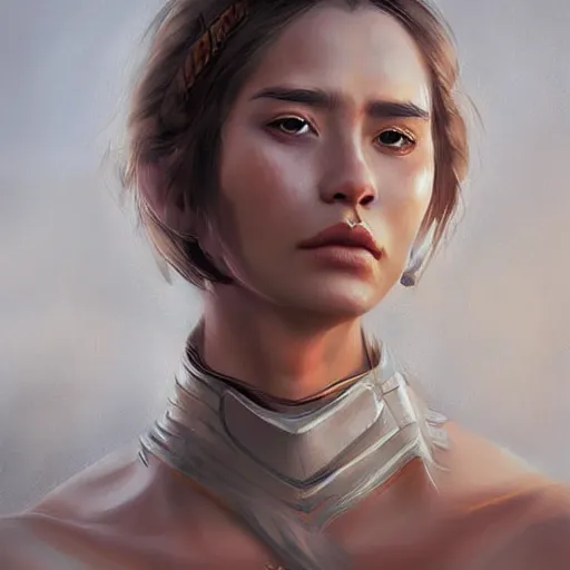 Prompt: portrait of a woman warrior, digital art, character art, by wlop