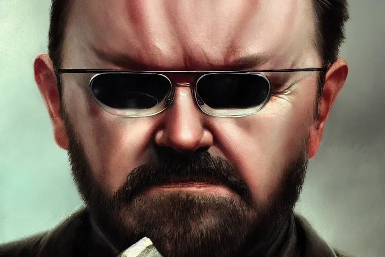 Image similar to closeup portrait of a ricky gervais as a hitman, the matrix, dramatic light, gorgeous view, depth, high detail, digital art, painted by greg rutkowski and seb mckinnon, by tim burton, trending on artstation