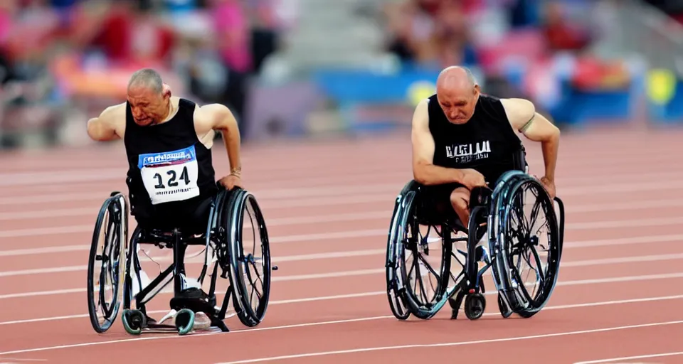 Prompt: man on a wheelchair competing in the 1 0 0 meter dash