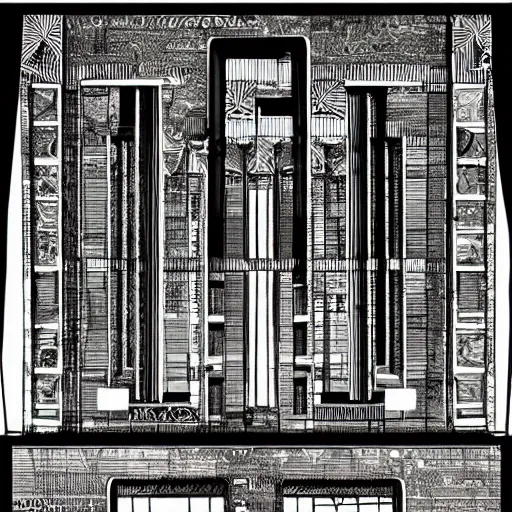 Prompt: Technical drawing of the temple made from abandoned graffiti architecture fused with color glitch fused with geo strata chart fused with broken floor plans, highly detailed , black and white color scheme, fine lines and graphite, stanley donwood,