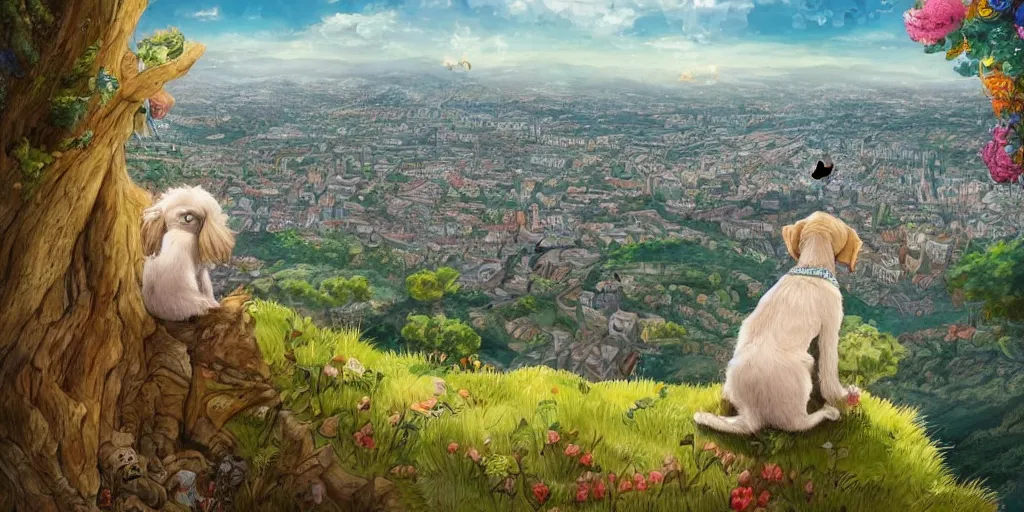 Image similar to breathtaking detailed childrens book illustration of a dog on the top of a hill, with a beutiful view of a tiny city below the hill, in the style of quentin blake 8 k