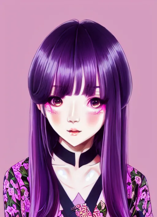 Image similar to full body illustration of an ulzzang korean girl purple hair with hime cut bangs, head slightly tilted, wearing an ornate cheongsam, ilya kuvshinov, anime, pixiv top monthly, trending on artstation, cinematic, danbooru, zerochan art, kyoto animation