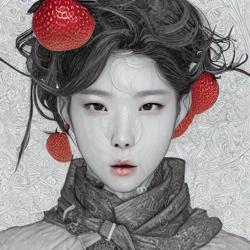 Image similar to the portrait of an absurdly beautiful, graceful, elegant, sophisticated, fashionable young kpop idol made of strawberries and white petals, an ultrafine hyperdetailed illustration by kim jung gi, irakli nadar, intricate linework, bright colors, octopath traveler, final fantasy, unreal engine 5 highly rendered, global illumination, radiant light, detailed and intricate environment