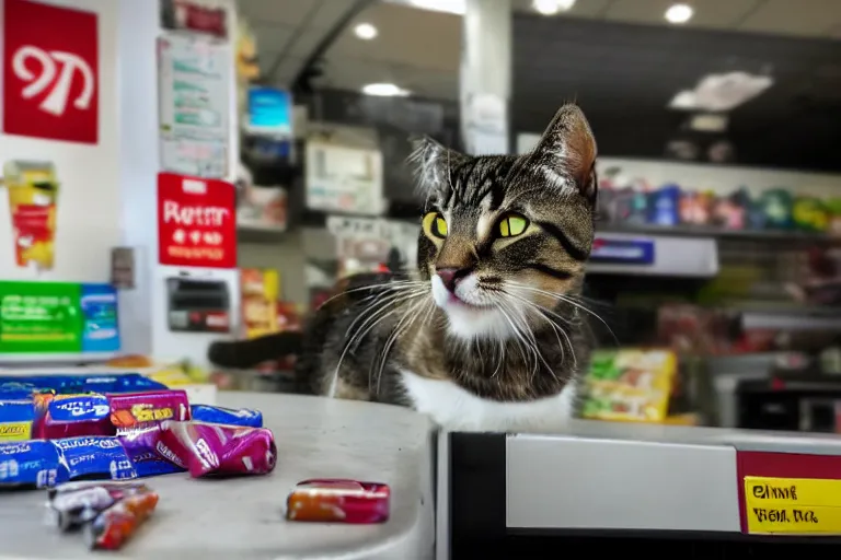 Image similar to cat on the counter in 7 - eleven next to a pack of cigarettes wide angle lens