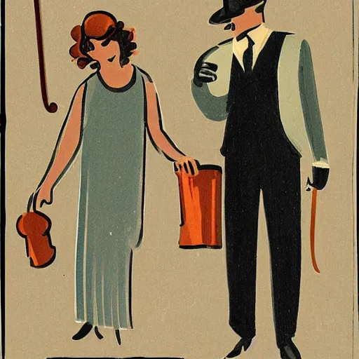 Prompt: a 1 9 2 0 s illustration portrait of two people, focus on their faces, - they were careless people, tom and daisy - they smashed up things and creatures and then retreated back into their money or their vast carelessness or whatever it was that kept them together, and let other people clean up the mess they had made.