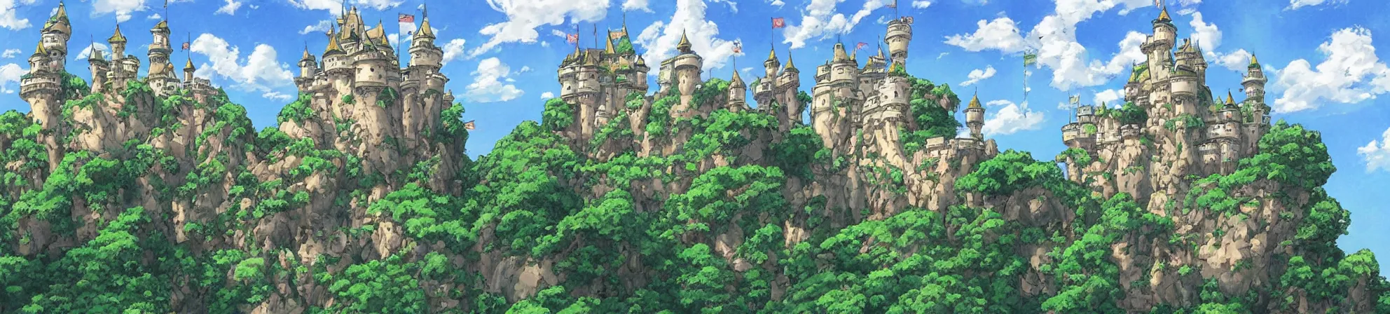 Prompt: Castle with a lot of greenery on its towers, on the island flying in clouds. Art by Hayao Miyazaki