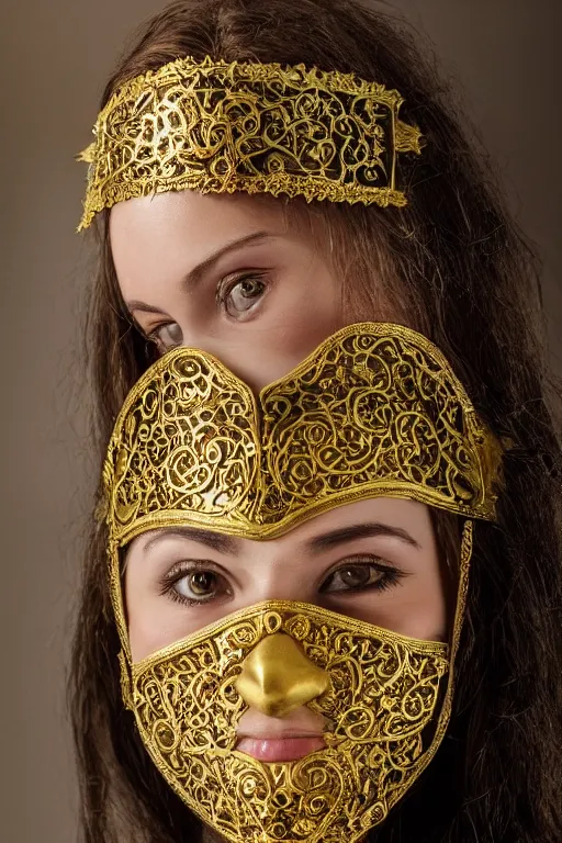 Prompt: a young woman dressed as a farmer from the middle ages, wearing an intricate gold mask. photoreal, metal filigree, realitic portrait.