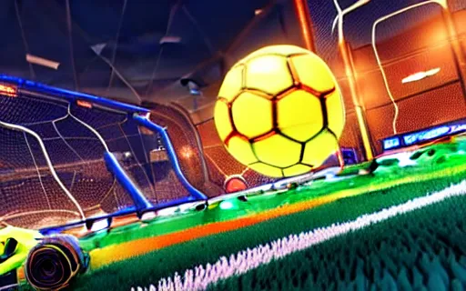 Image similar to rocket league goal, car soccer, ball exploding, dramatic lighting, moody lighting, muted color, 4 k, hq, octane render, dynamic angle, marketing, promotional.