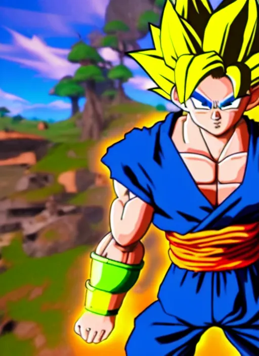 Image similar to game still of a sayan goku as a fortnite skin in fortnite by fortnite, pose.