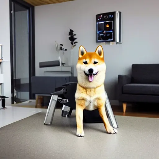 Prompt: doge the shiba - inu as a futuristic robot made of metal and carbon - fiber, in a sunny suburban living - room.