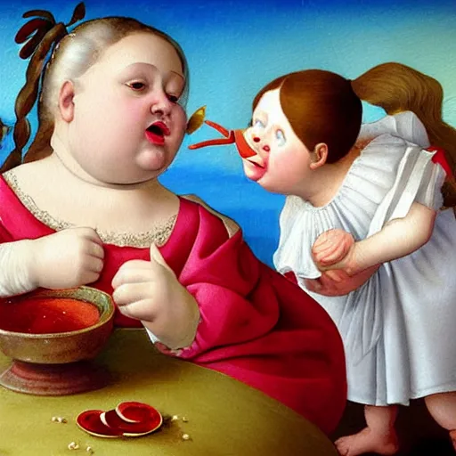 Image similar to a very funny stylize oil painting in renaissance style of a sweet little fat girl kissing a huge colorful cute fish. red mouth, blue eyes. flowery dress. hyper realistic scene. 3 d, octane render, deep focus, white scene. very funny and sweet image. unreal engine. watercolor. fellini style. poster quality. da vinci painting style. pencil illustration.