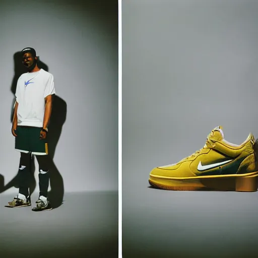 Prompt: a studio photoshoot of a nike sneaker x travis scotts collab, realistic, color film photography by tyler mitchell, 3 5 mm, graflex