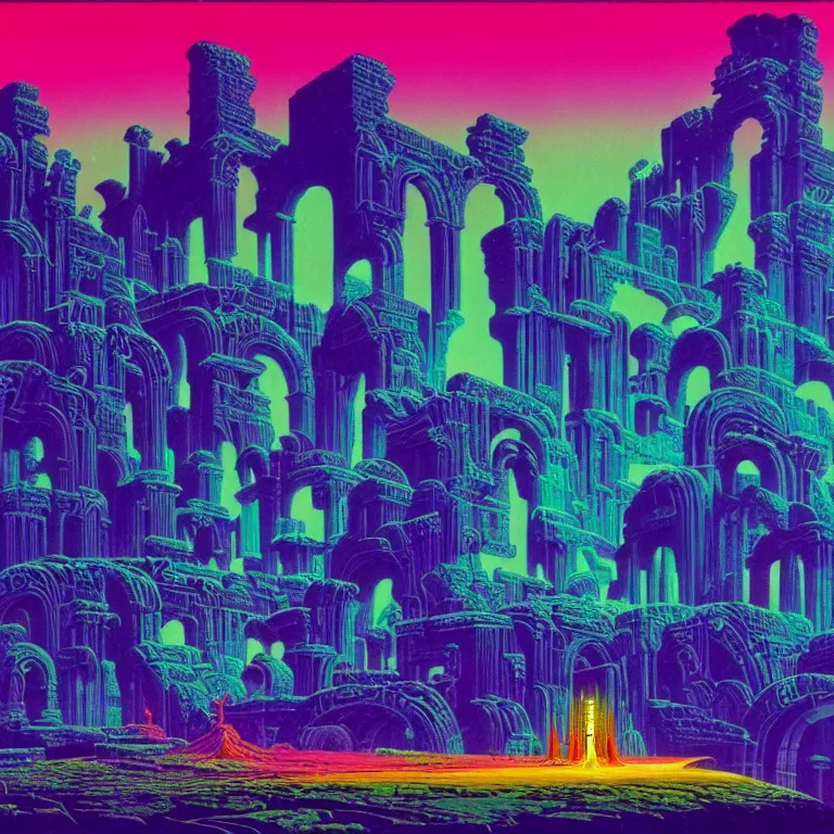 Image similar to psychedelic eternal aurora radiating over desolate ancient ruins, bright neon colors, highly detailed, cinematic, eyvind earle, tim white, philippe druillet, roger dean, lisa frank, aubrey beardsley