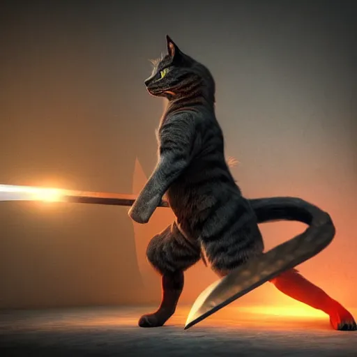 Prompt: a warrior cat holding a long sword in a combat stance, 3 d rendered, 3 d rendering, dramatic lighting, unreal engine, digital painting, concept art, smooth, sharp focus, illustration, 8 k resolution, trending on art station, cinema 4 d, behance hd