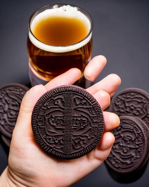 Image similar to dlsr food photograph of a hand dipping an oreo in beer, bokeh, studio lighting, 5 0 mm f 1. 4