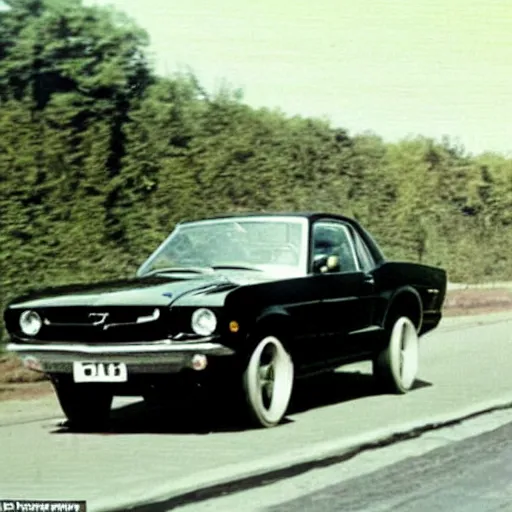 Prompt: coloured photograph of a muscled young white bald guy with broad shoulders, black shirt and a large chest driving a racing red mustang down a british road, high detail