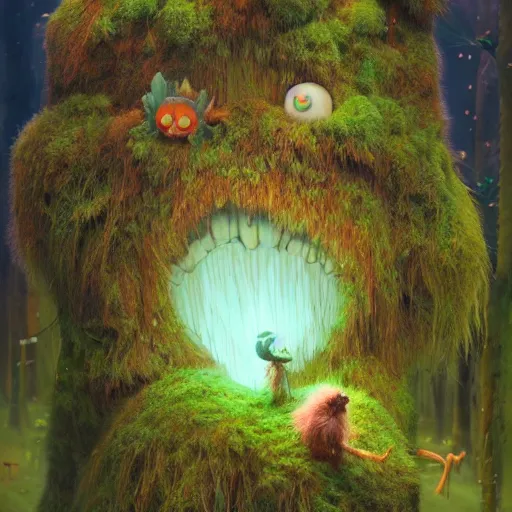 Image similar to a surreal bioluminescent, very very very cute hairy mossy forest goblin made of bark in a happy forest world by bobby chiu, daniel merriam, trending on artstation, oil on canvas by elena zhurikhina and goro fujita and charlie bowater, octane render, 4 k, 8 k, hd