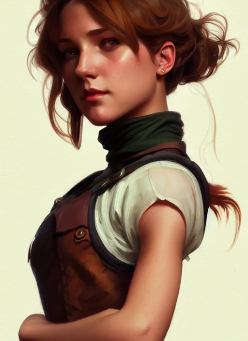 Image similar to portrait of a full body of beautiful young female detective, d & d, sleeveless turtleneck, fantasy, flat lighting, intricate, highly detailed, digital painting, artstation, concept art, smooth, sharp focus, illustration, art by simon bisley and greg rutkowski and alphonse mucha, natural tpose