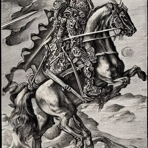 Image similar to skeleton warrior in a fire horse with a very ornate armor, very detailed, complex drawing, hyper detailed, renaissance, monochrome, albert durer style