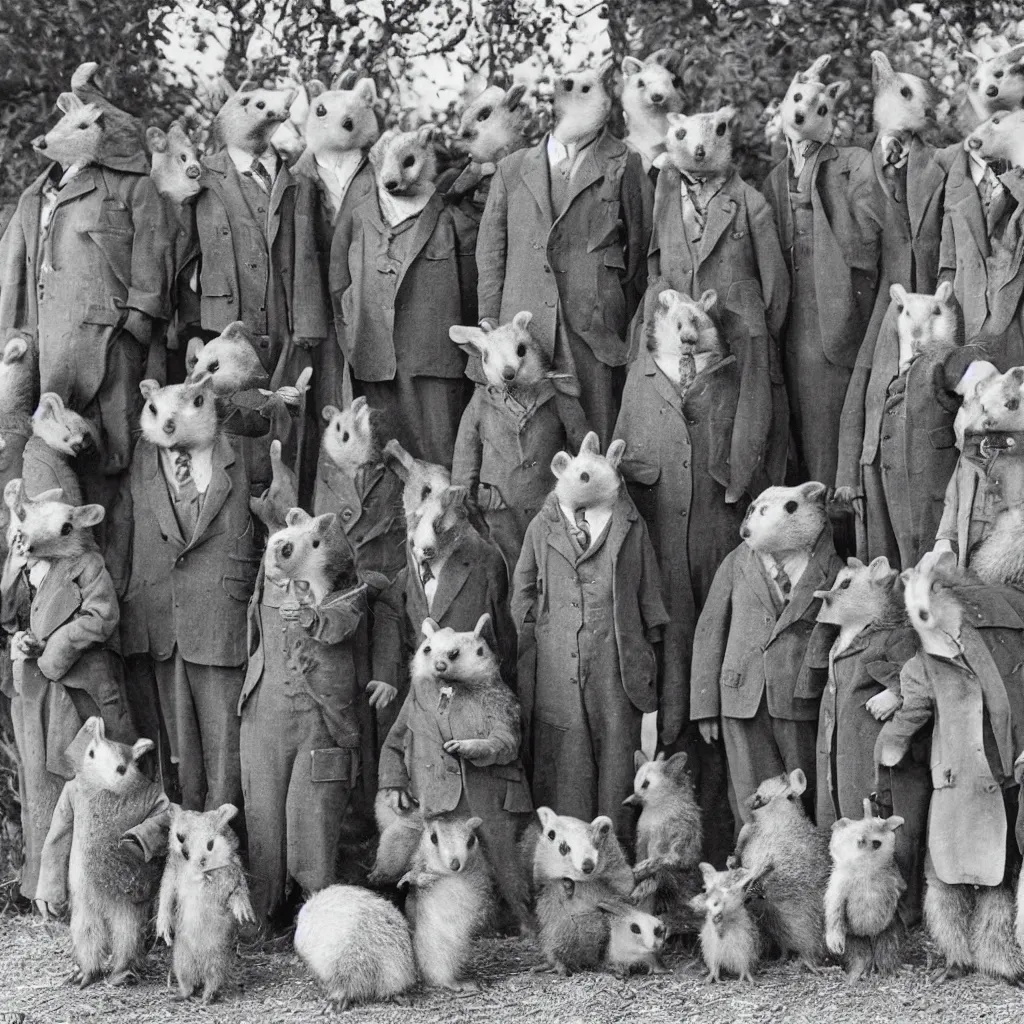 Image similar to a group of badgers in 1 9 4 0 s suits, standing upright like people, anthropomorphic, style of beatrix potter, rendered as a highly detailed photograph