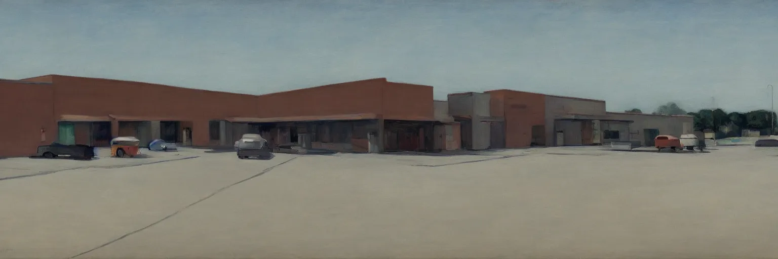 Image similar to bleak and deserted parking lot behind a North American suburban strip mall by Edward Hopper