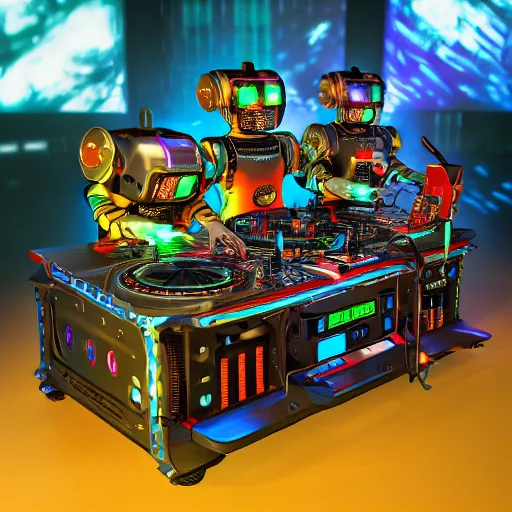 Image similar to album art, roborock, 3 steampunk spaced out robots on a dj desk with a cd mixer, 8 k, flourescent colors, halluzinogenic, multicolored, exaggerated detailed, front shot, 3 d render, octane