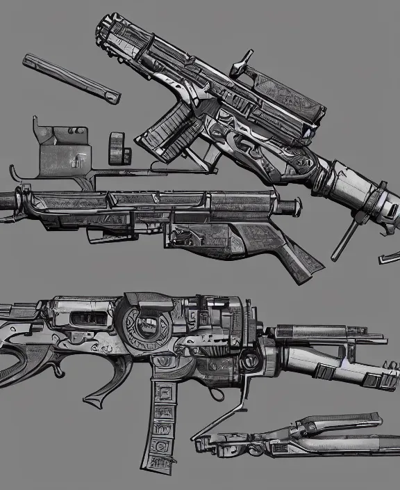 Image similar to a detailed manga style illustration of a submachine firearm concept from 2 0 5 0, by moebius and stephan martiniere, 4 k resolution, detailed, unreal engine, octane render, trending on artstation