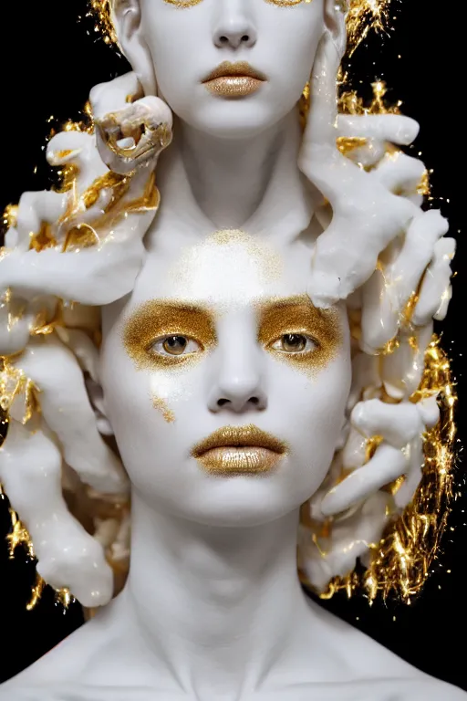 Image similar to full head and shoulders, beautiful porcelain female person, smooth, delicate facial features, white detailed eyes, white lashes, 3 d white anatomical bones, large electrical gold sparks, gold leaf and glowing lightening, by daniel arsham and james jean