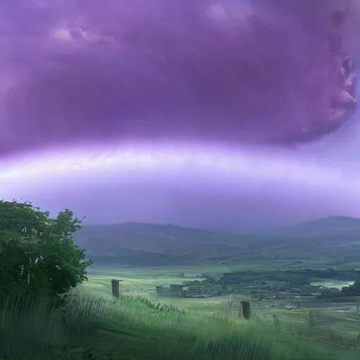 Image similar to a tornado in the distant landscape, hdr, artstation, shuttershock, 4 dimensions purple background