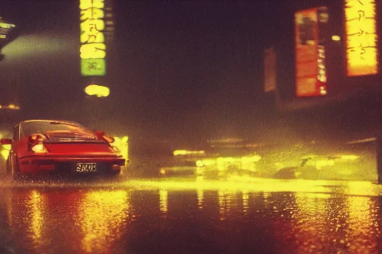 Prompt: a single 1 4 8 0 porsche 9 1 1, speeding down tokyo highway in the rain, night time, lightning, movie still from bladerunner