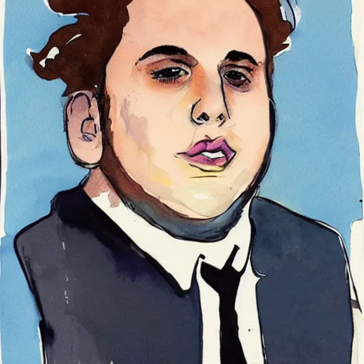 Image similar to jonah hill, stylized. Watercolor and ink. 1960s.