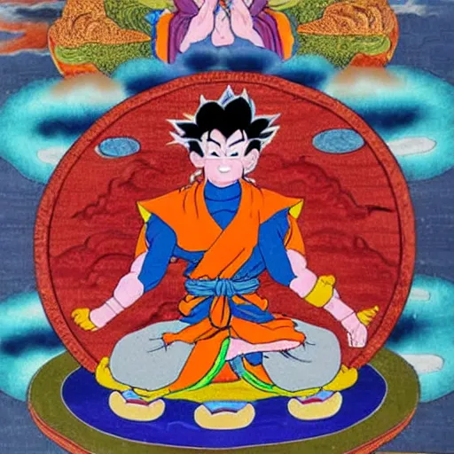 Prompt: Goku depicted in a Buddhist style Thangka painting