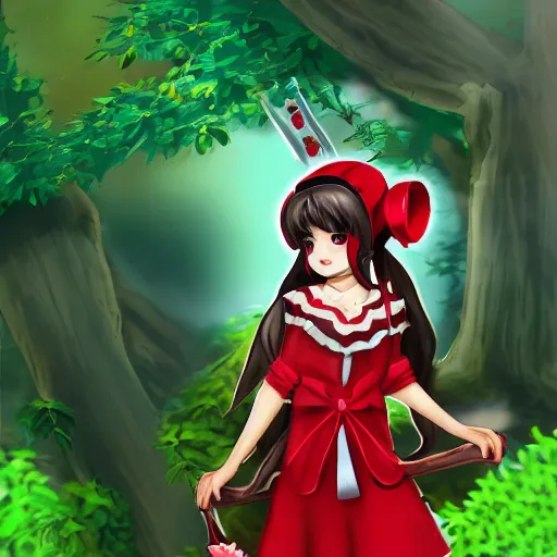 Prompt: a painttoolsai of reimu in the jungle wearing bonnet