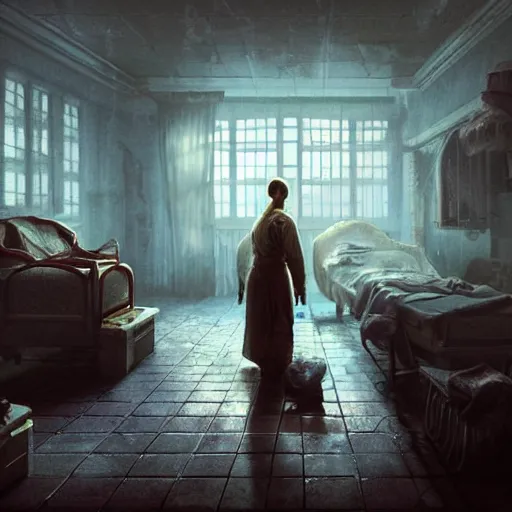 Prompt: depressing soviet hospital ward, demonic doctors, dying patients, blood on the floor, highly detailed, digital painting, artstation, concept art, octane render, unreal engine, art by aenaluck and roberto ferri and greg rutkowski, epic fantasy, digital painting