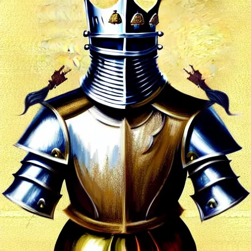 Prompt: full body!!!!!!, knights armor, donald trump, crown, donald trump's face!!!!!, detailed face, painting of a knight, boots, medieval castle background, valiant, concept art, by hans thoma